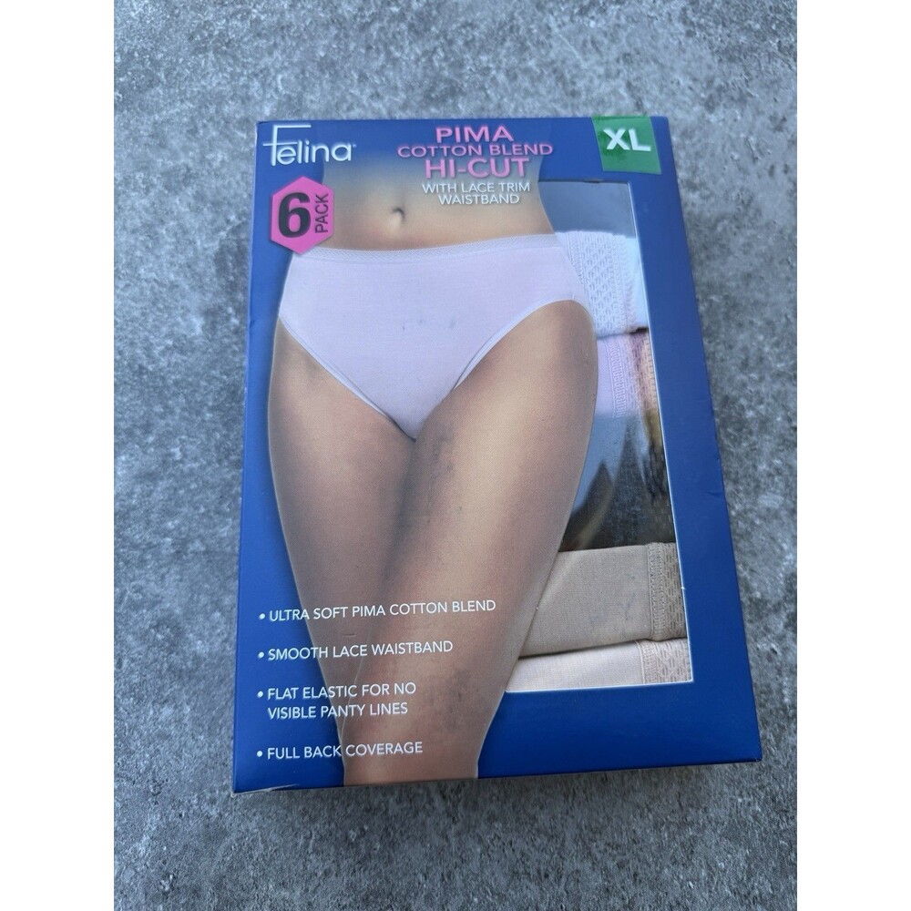 Felina Women's 6-Pack Pima Cotton Blend Hi-Cut Lace Trim Panties Size XL